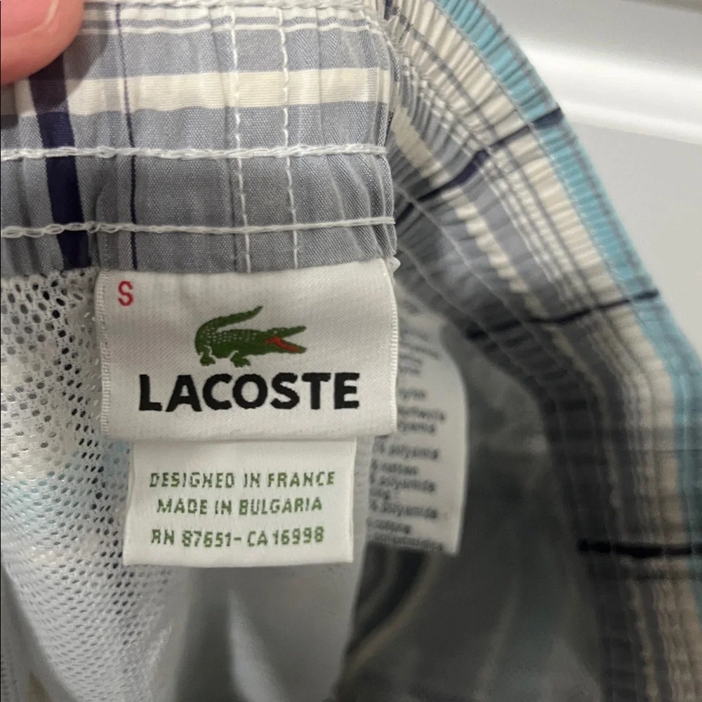 Lacoste Gray Navy and Light Blue Plaid Swim Shorts Size Small